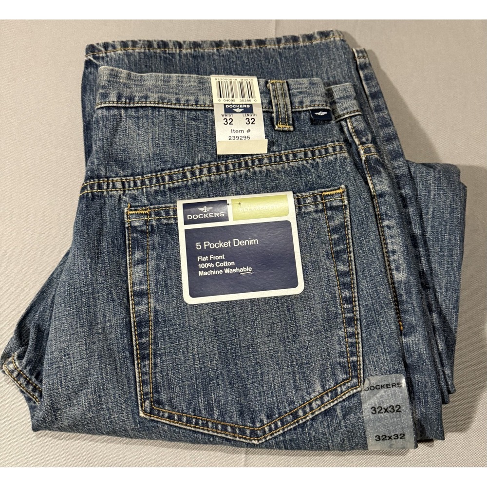 Men's DOCKERS 5-Pocket Pants 32x32 Straight Fit Flat Front Blue Denim Jeans NWT